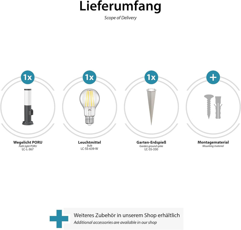 ledscom.de 3 Stück Pollerleuchte PORU mit Erdspiess für aussen, anthrazit, rund, 38,5cm, Steckdose,