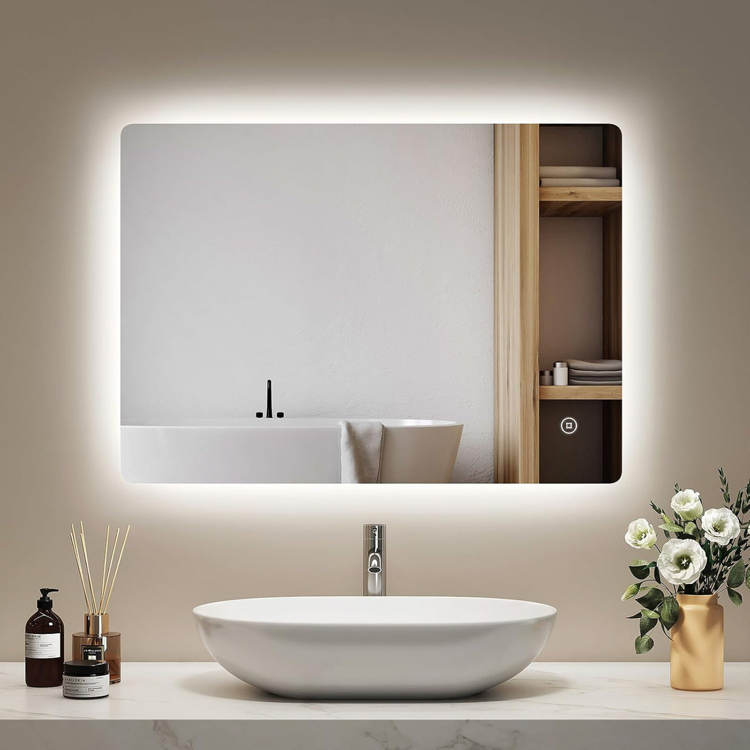 EMKE Badspiegel mit Beleuchtung 50x70cm, Badezimmerspiegel mit 3 Lichtfarben dimmbar, Antibeschlag,