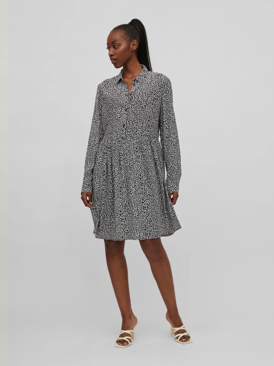 Vila Damen Vifini L/S Shirt Su-Noos Dress 38 Black/Aop:lilia, 38 Black/Aop:lilia