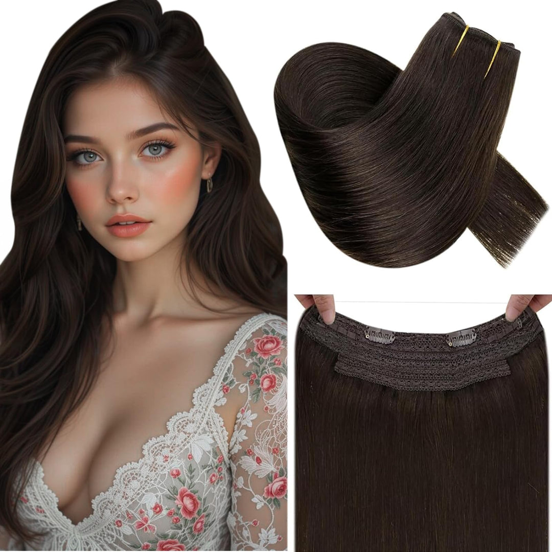 RUNATURE Remy Haarverlangerung mit Draht Extensions Echthaar mit Draht Hair Farbe Dunkelbraun 16 Zol
