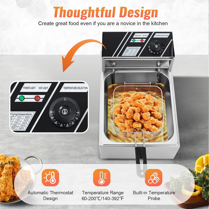 6.3Qt/6L 2500W Elektrisch Öl-Friteuse Küche Fritteuse Edelstahl Hähnchen Fritöse mit Deckel und Vier