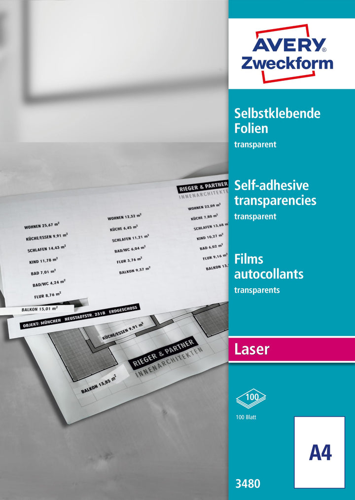 AVERY Zweckform 3480 Transparente Folien für Laserdrucker und Kopierer (100 selbstklebende Folien, A