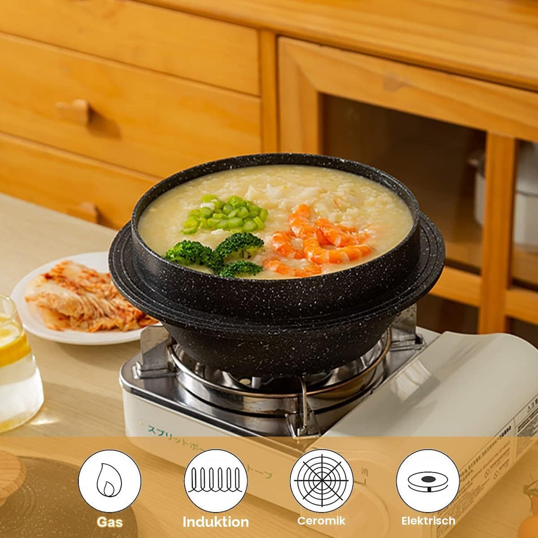 Koreanische Steinschale mit Deckel, 18 cm Dolsot Bibimbap Schale für Hot Pot Suppe - Schwarz Schwarz
