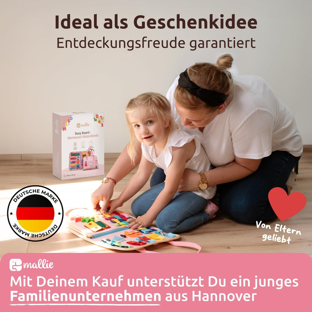 Mallie® Busy Board Deutsch inkl. Gratis Reisetasche & Montessori Buch und Perfekt für Reisen im Auto