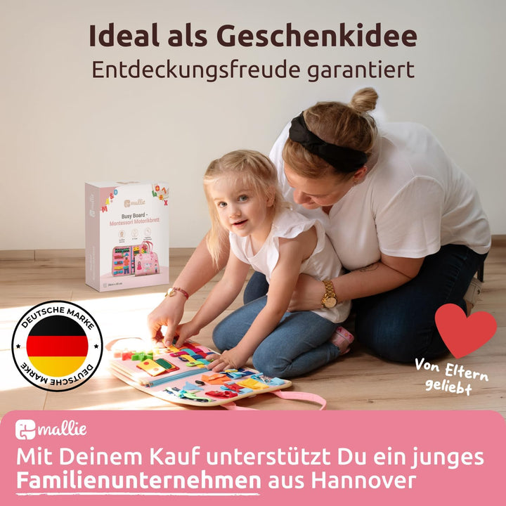 Mallie® Busy Board Deutsch inkl. Gratis Reisetasche & Montessori Buch und Perfekt für Reisen im Auto