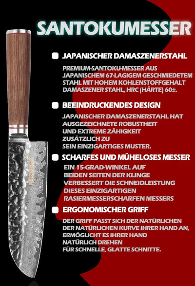 YOUSUNLONG Santoku 7 Zoll Pro Kochmesser Japanischer Griff aus gehämmertem Damaststahl aus natürlich