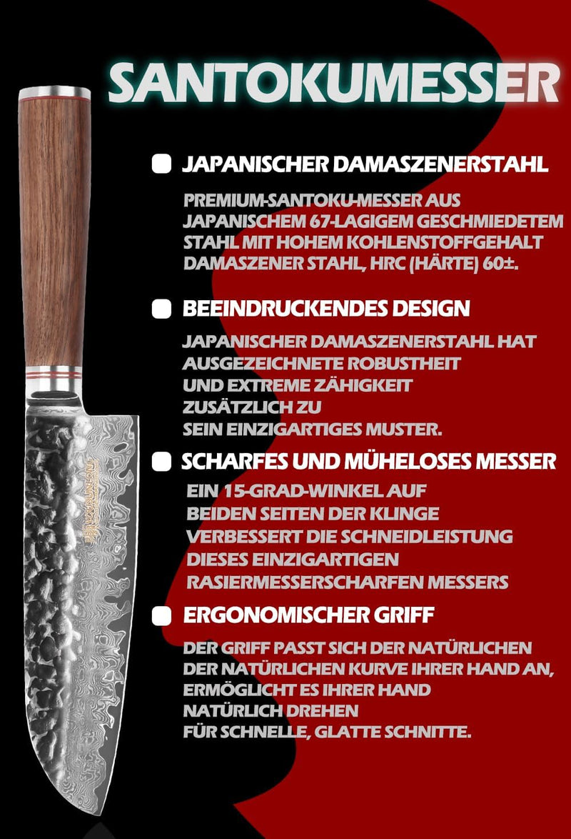 YOUSUNLONG Santoku 7 Zoll Pro Kochmesser Japanischer Griff aus gehämmertem Damaststahl aus natürlich