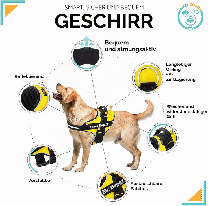 SUPER DOGGY Personalisiertes Hundegeschirr - Reflektierendes und sicheres Hundegeschirr - Enthält 2