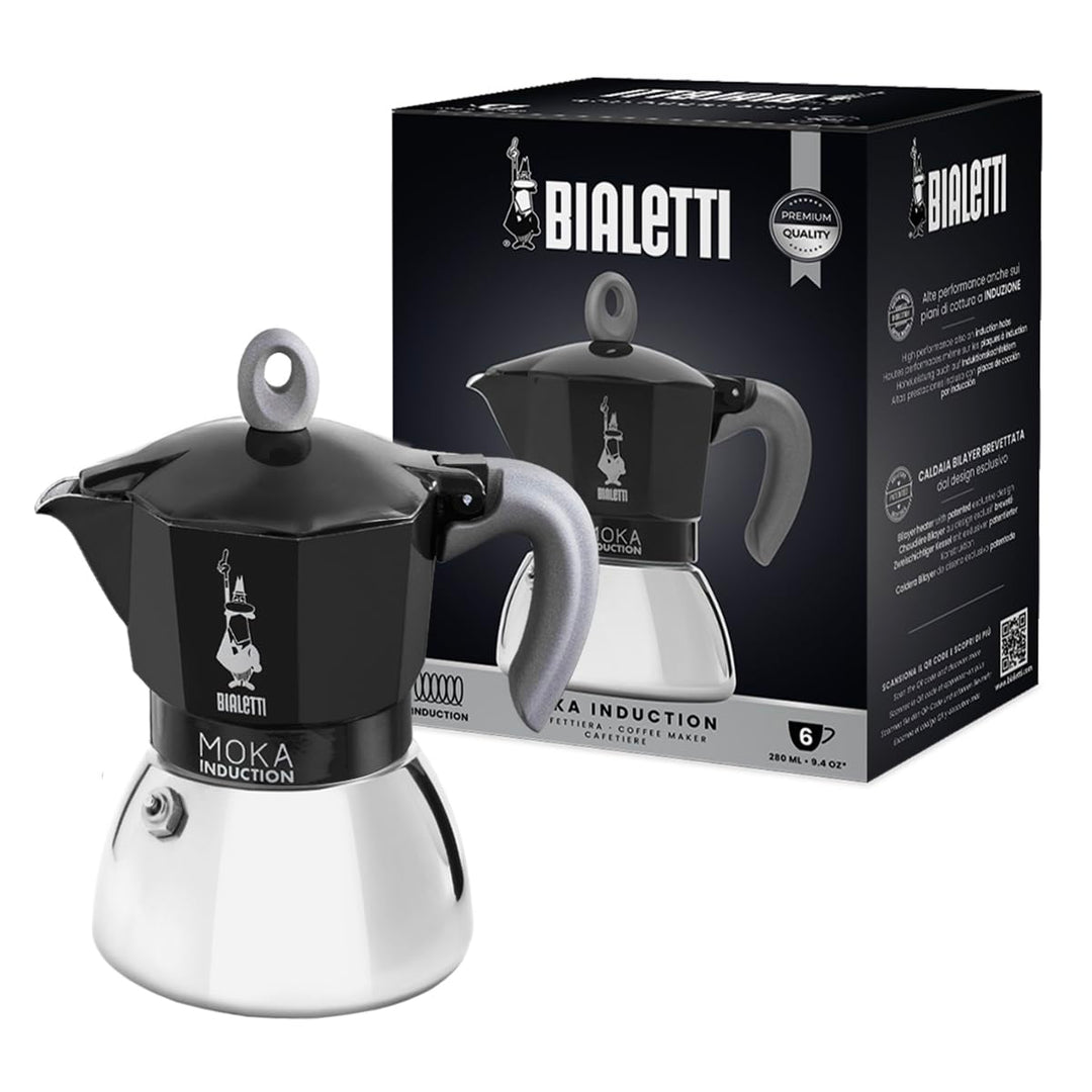 Bialetti - Moka Induction, Moka-Kanne, Geeignet für Alle Herdarten, 6 Tassen Espresso (270ml), Schwa