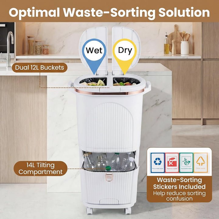 GIANTEX Mülleimer Küche 3 Fächer, Mülltrennsystem mit 2 x 12L Inneneimer & 14L Treteimer, Abfalleime