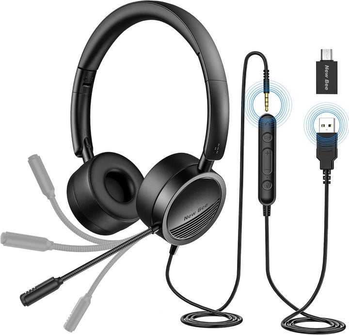 PC Headset mit Mikrofon New Bee USB/3,5mm Business Headset Noise Cancelling & Klare Stereo-Sound für