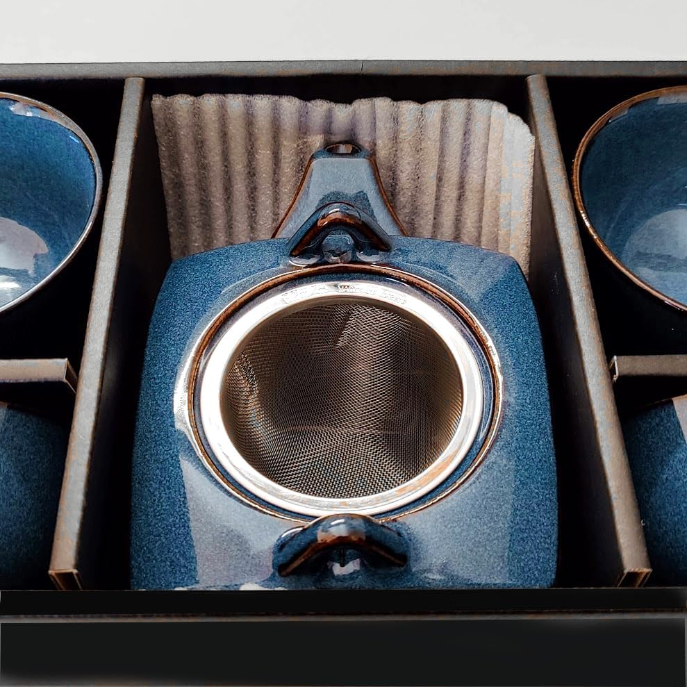Original Japanisches Teeservice KONPEKI Blau Japan Porzellan Teeset in Geschenkbox Kanne 600 ml, KON