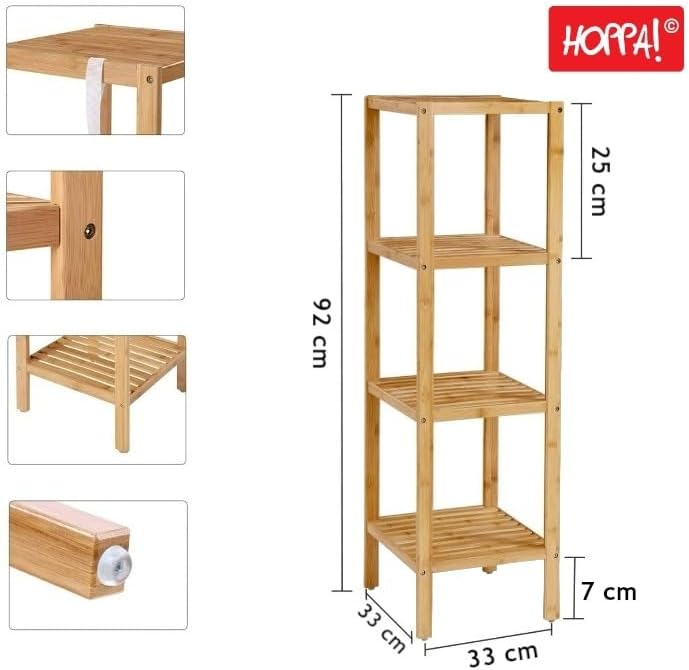 Hoppa! - Bambus-Aufbewahrungsregal - 4 Regalböden - Naturfarbe - 33x33x146 cm