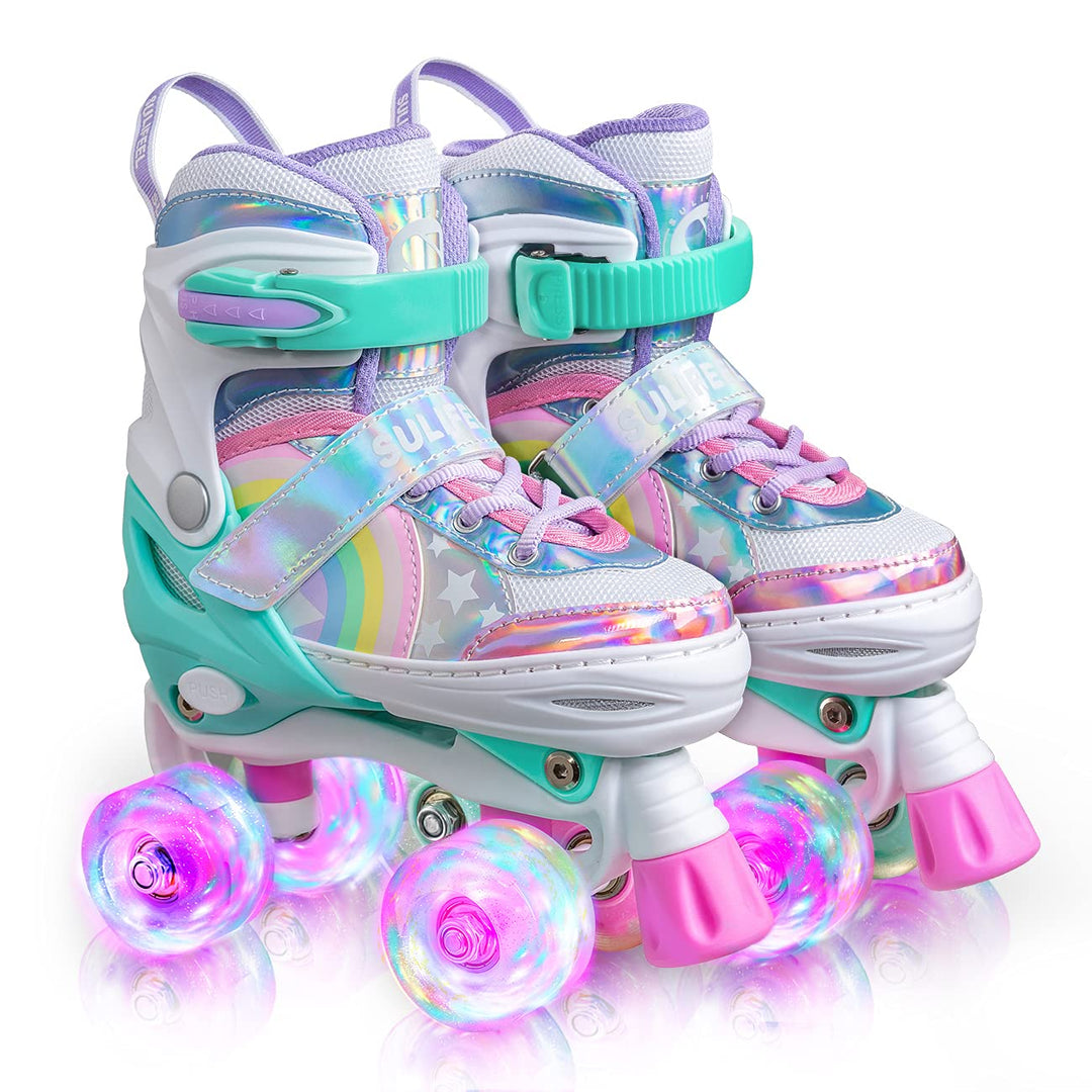 SULIFEEL Rainbow Unicorn Verstellbare Rollschuhe für Kinder mit Leuchtenden Rädern für Mädchen und J