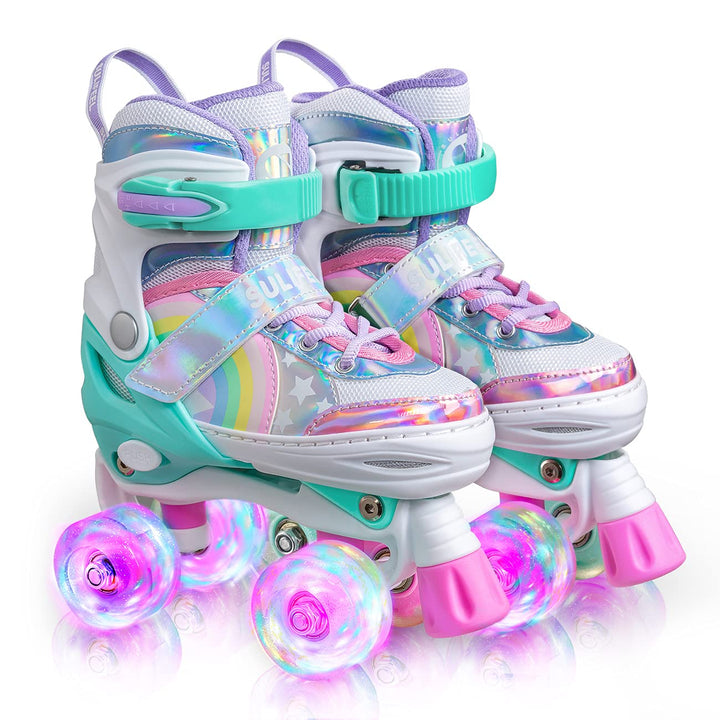 SULIFEEL Rainbow Unicorn Verstellbare Rollschuhe für Kinder mit Leuchtenden Rädern für Mädchen und J