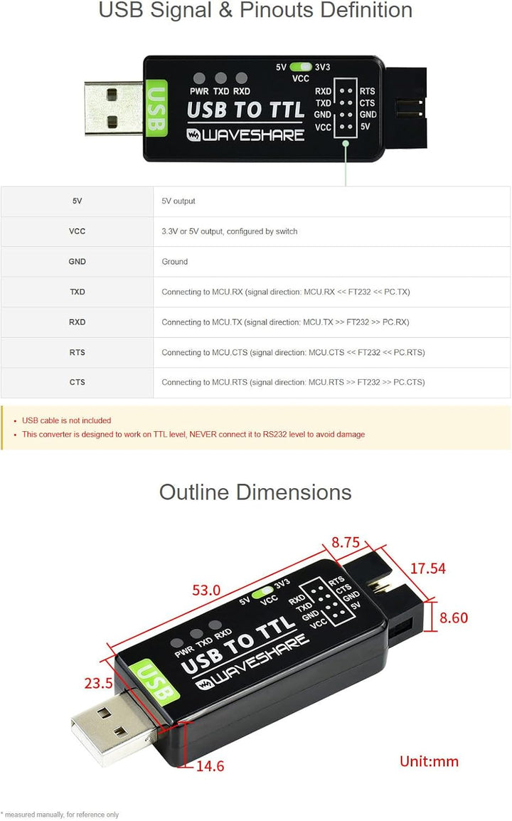 USB to TTL Serial Converter Adapter, Industrial USB UART Module with Protection Circuit, Compatible