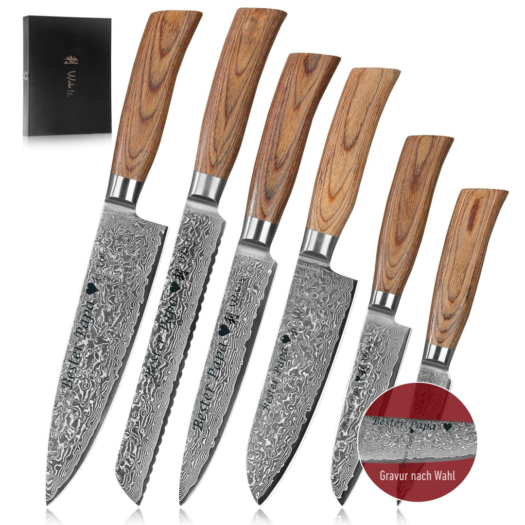 Wakoli EDIB Pro Damastmesser Set mit Gravur – Personalisiertes 6er Messerset, 20cm, 17cm, 16cm, 11cm