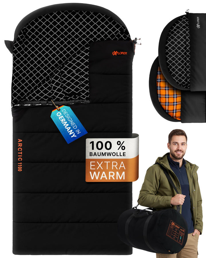 EXPLORER Arctic XXL Deckenschlafsack Winter -24°C Extrem – Camping Schlafsack aus 100% Baumwolle & F