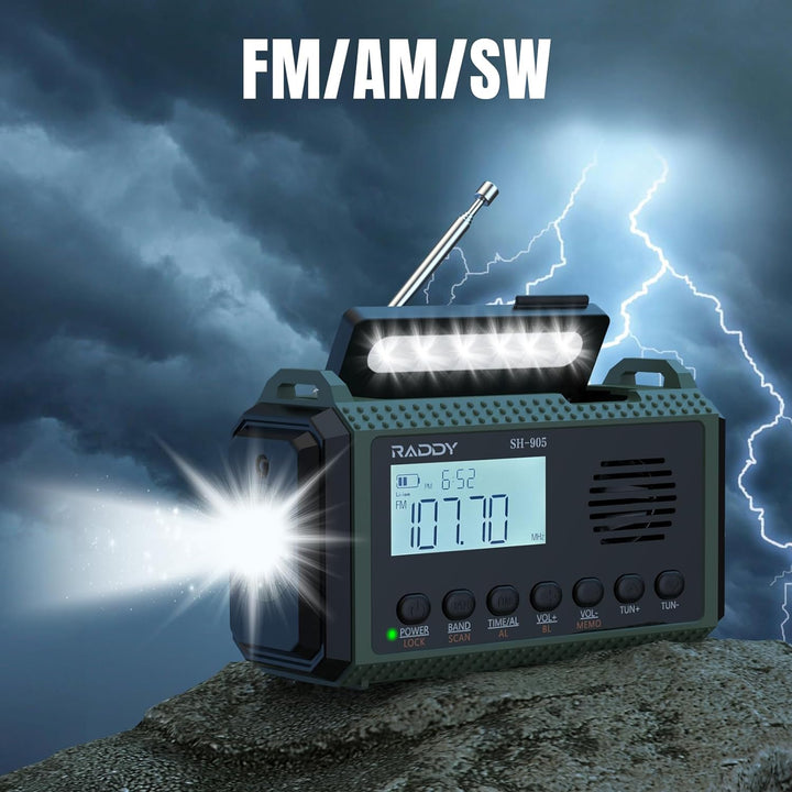 [11.500mAh Leistungskapazität] SW/AM/FM Kurbelradio Raddy SH-905, Solar Notfallradio, Tragbares Wied