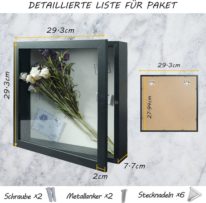 Muzilife Holz 3D Bilderrahmen zum Befüllen mit Öffnung 28x28cm Objektrahmen mit Stecknadeln und Dübe