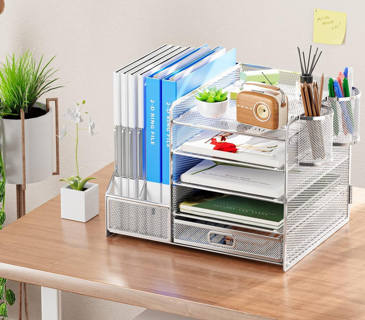 Marbrasse Schreibtisch Organizer mit Aktenhalter, 5 Ebenen Papier Briefablage mit Schublade und 2 St