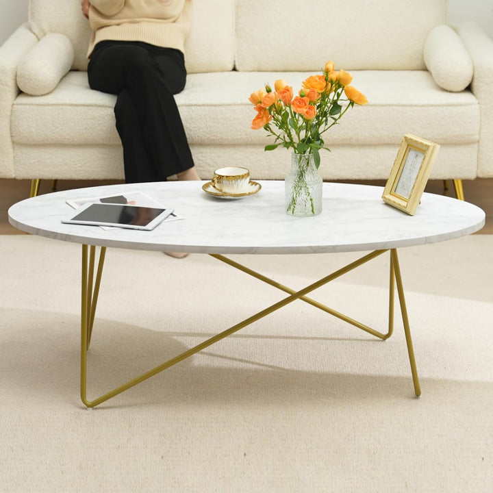 FirFurd Couchtisch Marmor Optik Beistelltisch Gold Sofatisch Oval Kaffeetisch für Wohnzimmer Schlafz