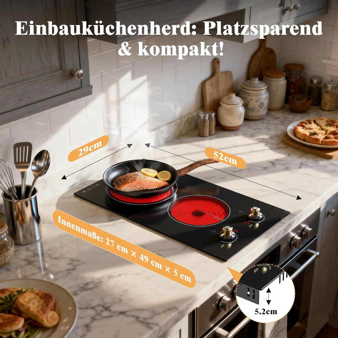Glaskeramikkochfeld 2 Platten mit Stecker, Karinear Kochfeld Doppel Drehknopf, Autarkes 30cm Einbau
