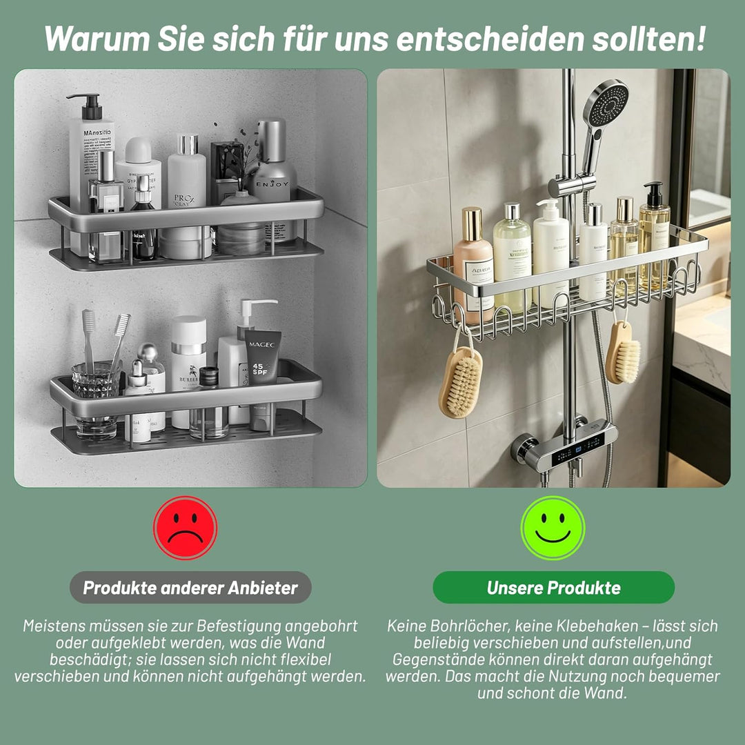 Duschablage ohne Bohren für Duschstange 18–25mm, Edelstahl Duschkorb ohne Bohren, Shampoo Halterung