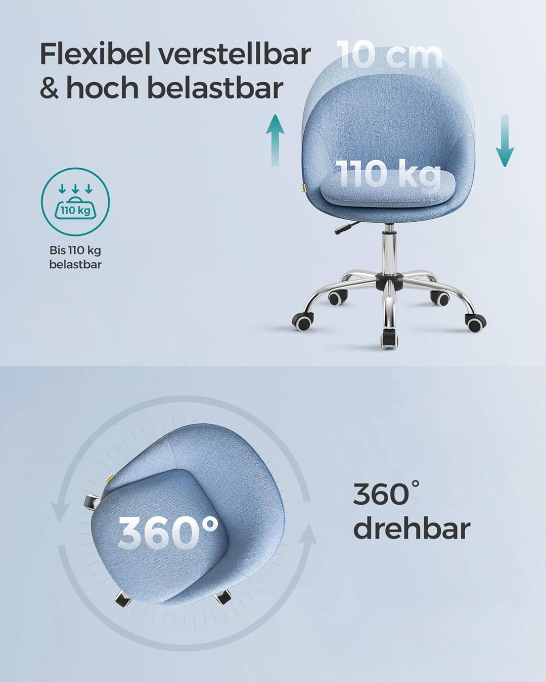 SONGMICS Homeoffice Stuhl, Drehstuhl, Schreibtischstuhl, Schaumstoffpolsterung, höhenverstellbar, fü