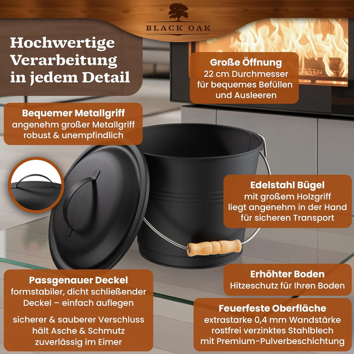 BLACK OAK Ascheeimer PITON 5L - schwarz mit Deckel & Holz-Griff + Handschuhen - 5L gross Stahl feuer