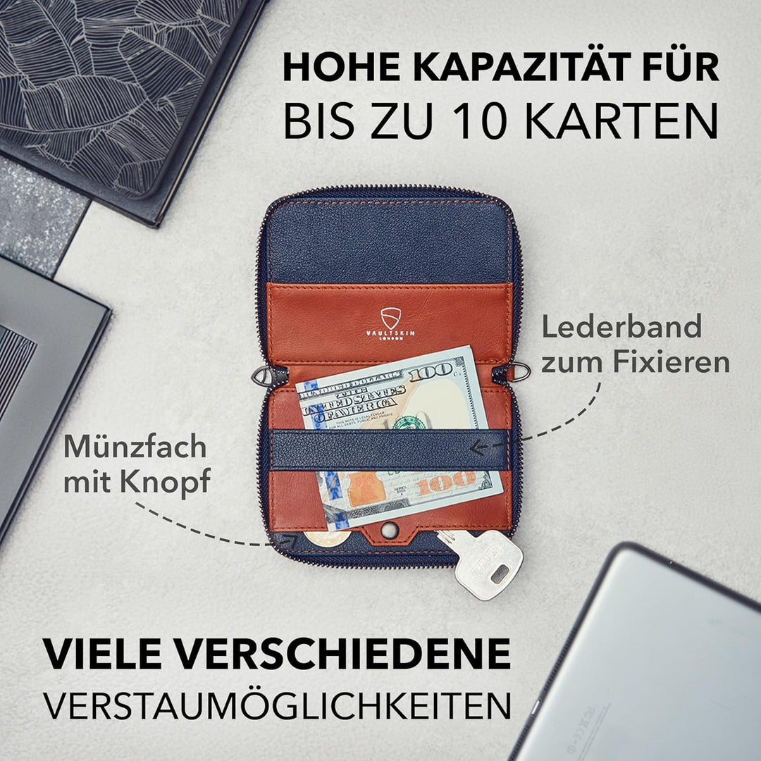 Vaultskin Notting Hill schlanke Brieftasche mit Reissverschluss und RFID Schutz. Geldbörse für Kredi