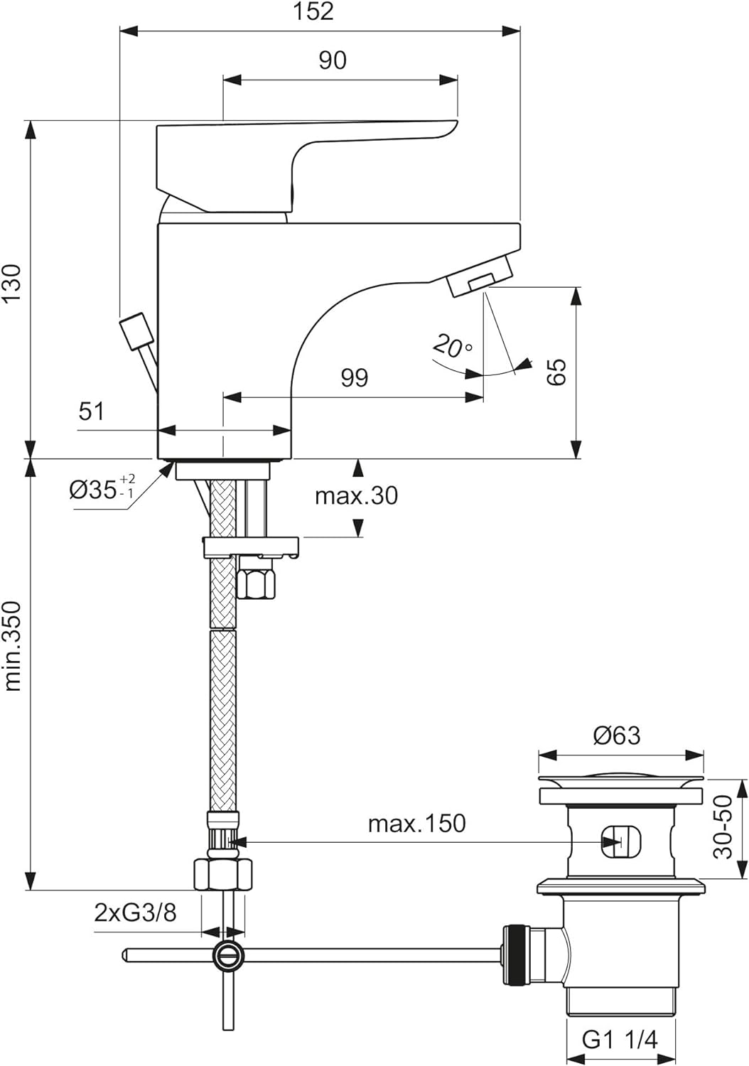 Ideal Standard B0700AA Ceraplan III Waschtisch Armatur Auslaufhöhe 66mm mit