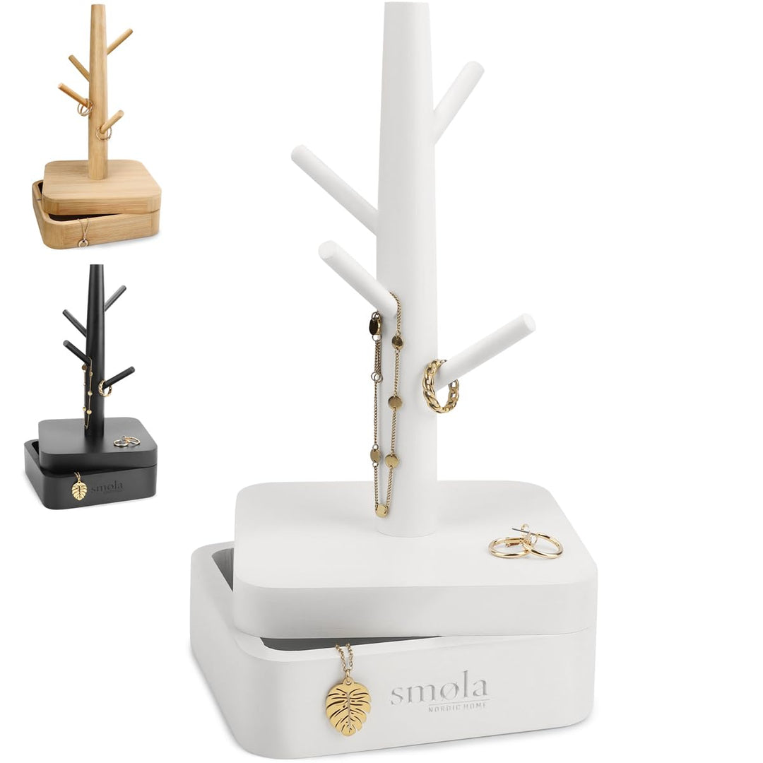 Schmuckbaum Weiss aus Holz - 4 Ebenen mit Aufbewahrungsbox - Schmuck Organizer, Schmuckständer für K