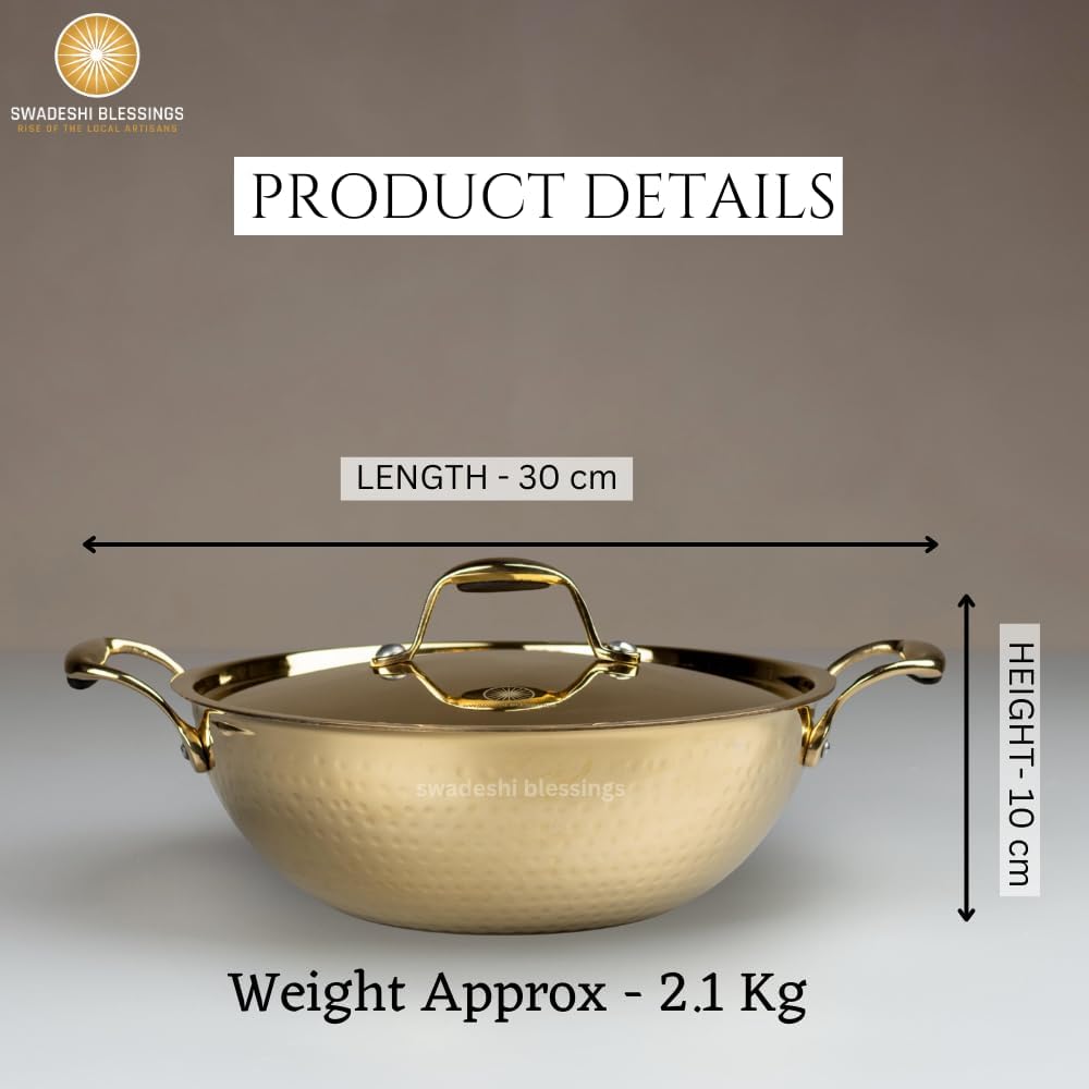 SWADESHI BLESSINGS Exklusive Range Messing Kadai zum Kochen mit Deckel/Teflonfrei/Natürlich antihaft