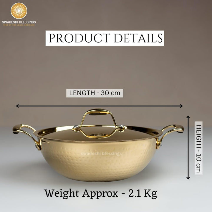 SWADESHI BLESSINGS Exklusive Range Messing Kadai zum Kochen mit Deckel/Teflonfrei/Natürlich antihaft
