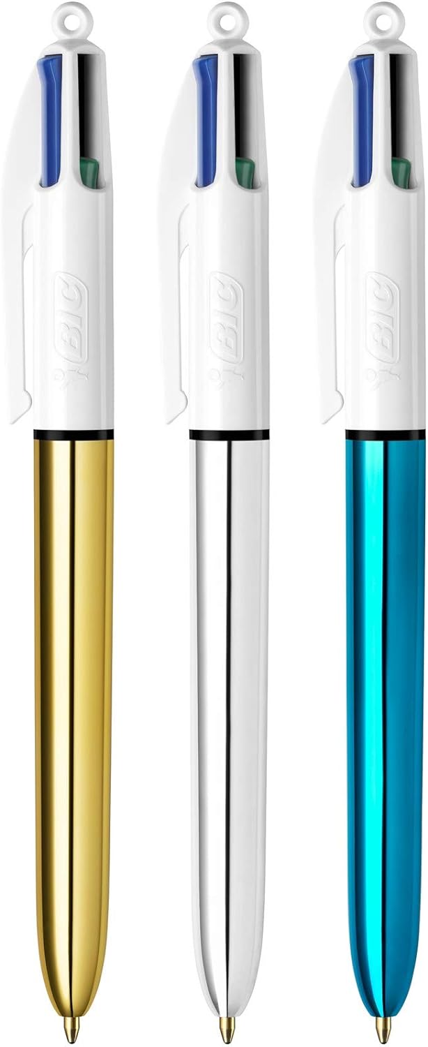 BIC 4 Farben Kugelschreiber Set 4 Colours Shine, Schaft in metallic blau, 12er Pack, Ideal für das B