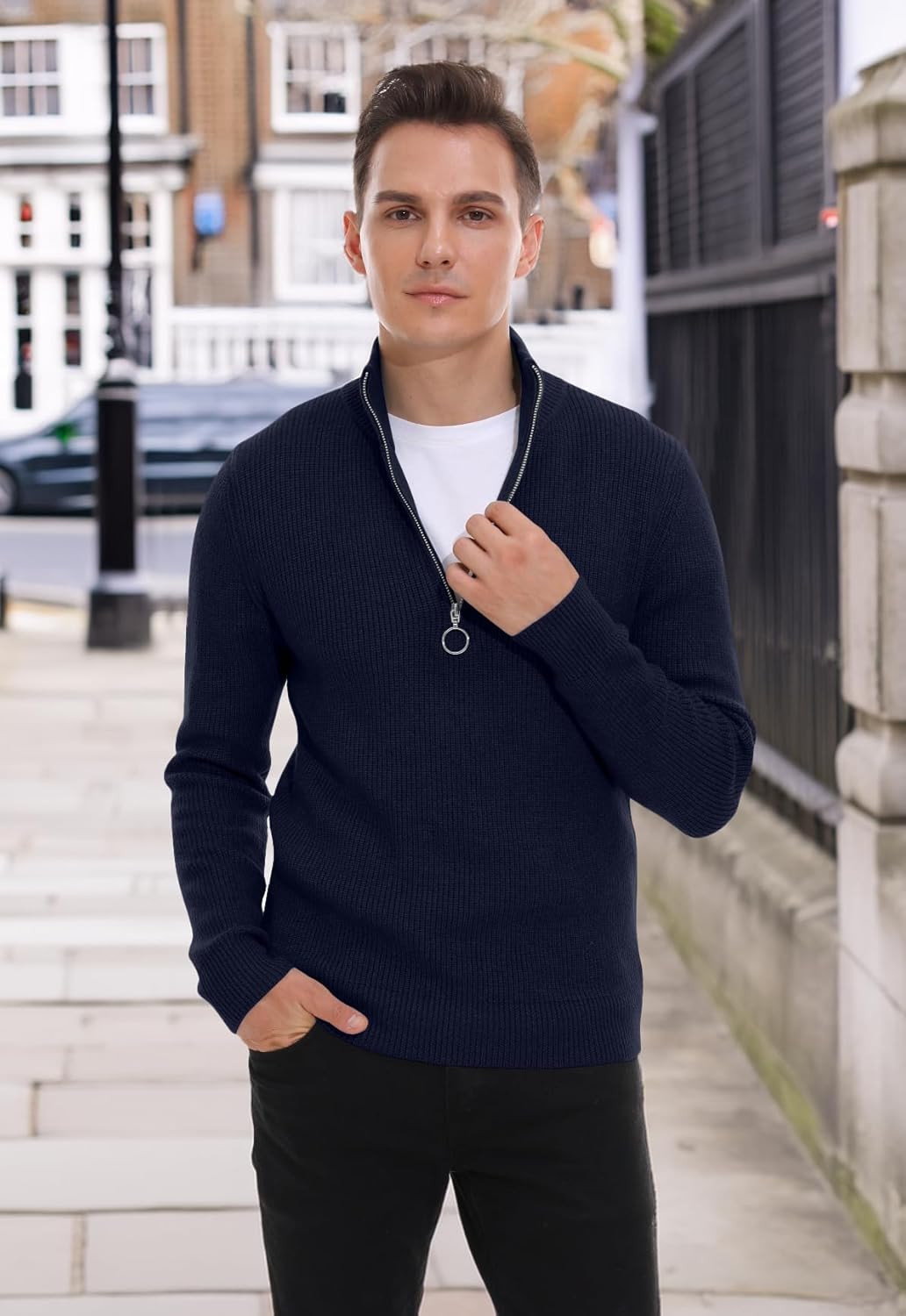 Hisir Pullover Herren Strickpullover 1/4 Zip Pulli Männer, Bequem Weich Warmer Winter Pullover für M