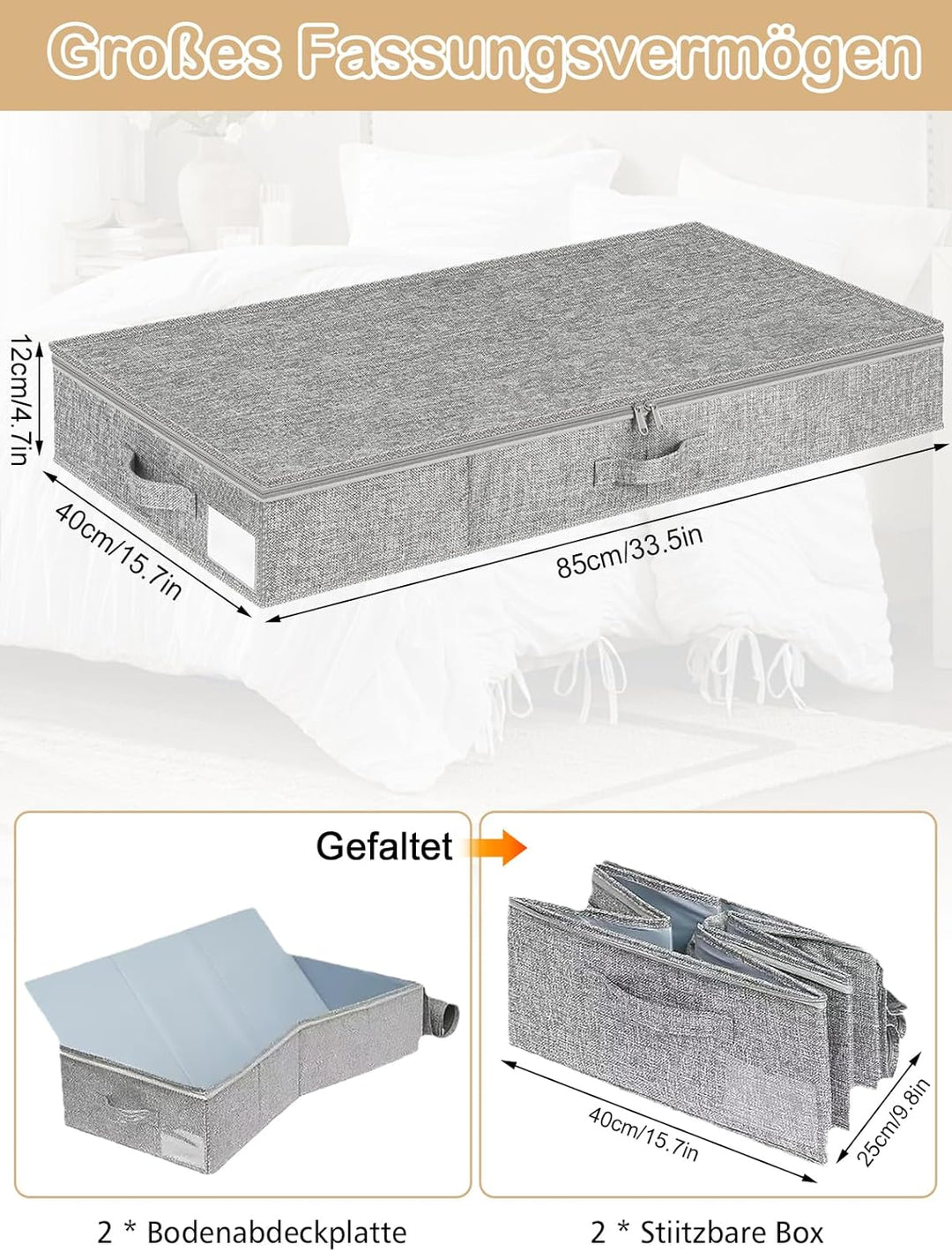 2 Stück Unterbett Aufbewahrungsbox, 2 Stück Durchsichtige Aufrollen Vakuumbeutel, 50L Faltbare Unter