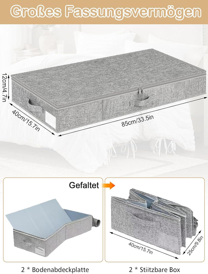 2 Stück Unterbett Aufbewahrungsbox, 2 Stück Durchsichtige Aufrollen Vakuumbeutel, 50L Faltbare Unter