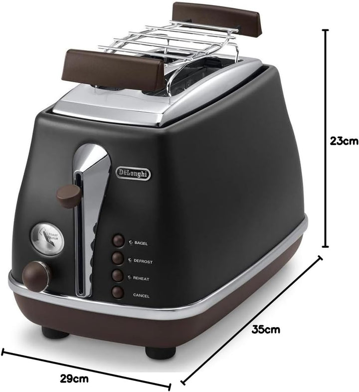De'Longhi Toaster Icona Vintage CTOV2103.BK - 2-Schlitz-Toaster mit Brötchenaufsatz, Edelstahl in el