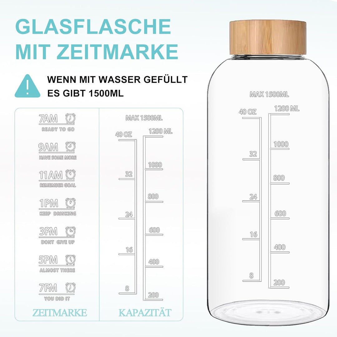 1.5 Liter Glasflasche, 1.5 l Glas Trinkglasche, Wasserflasche Glas mit Neoprenhülle, Bambusdeckel, F