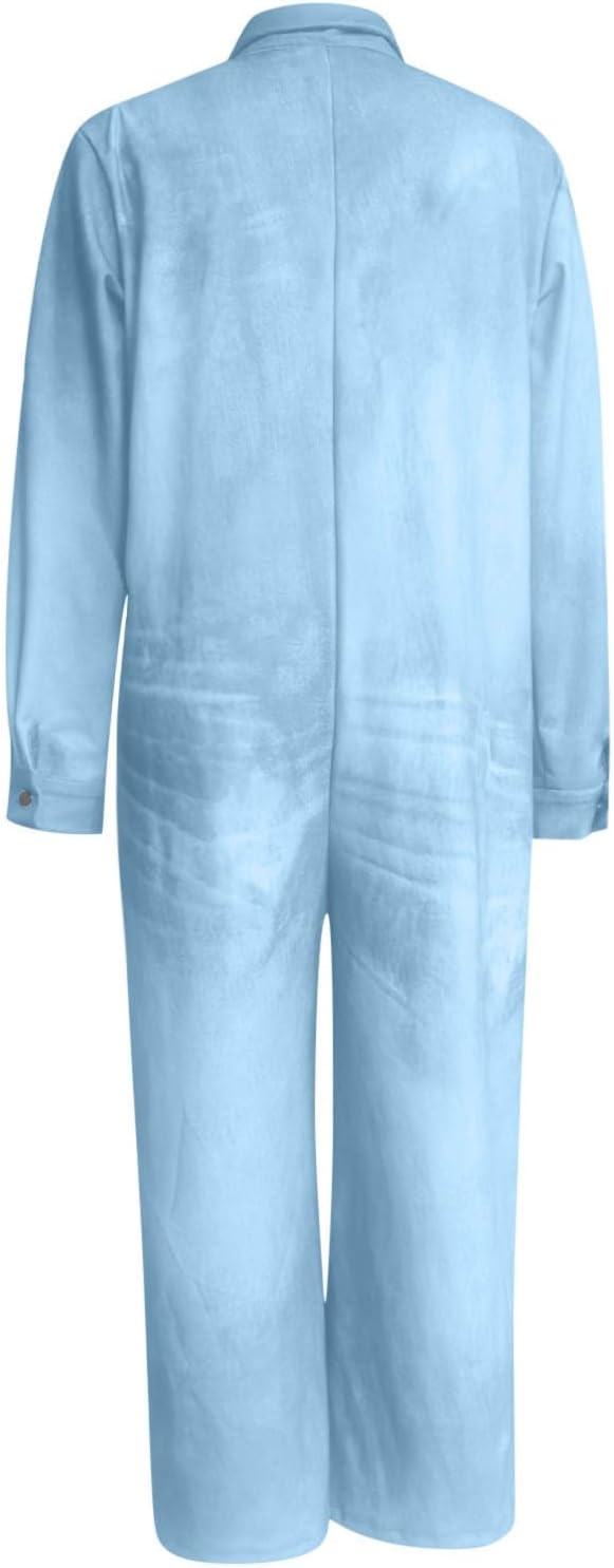 Jumpsuit Damen Elegant Einteiler Sommer Overall Einfarbig Revers Langarm Latzhose Mit Taschen Weites