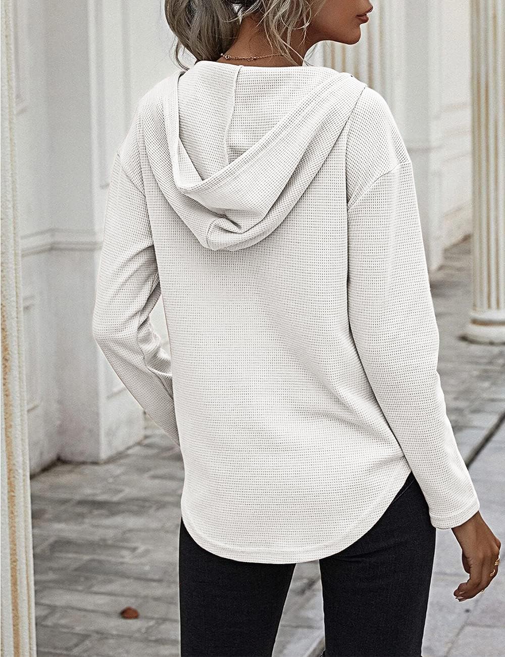 Pullover Damen Hoodie Langarm V Ausschnitt Pullover Sweatshirt Kapuzenpullover Einfarbig Drawstring