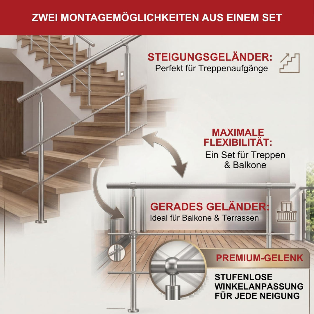 TIBU Edelstahl Geländer V2A für Balkon Terrasse Treppe mit waagerechten Streben, Aufmontage 0,6m-6m