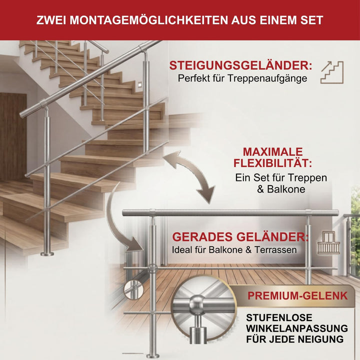 TIBU Edelstahl Geländer V2A für Balkon Terrasse Treppe mit waagerechten Streben, Aufmontage 0,6m-6m