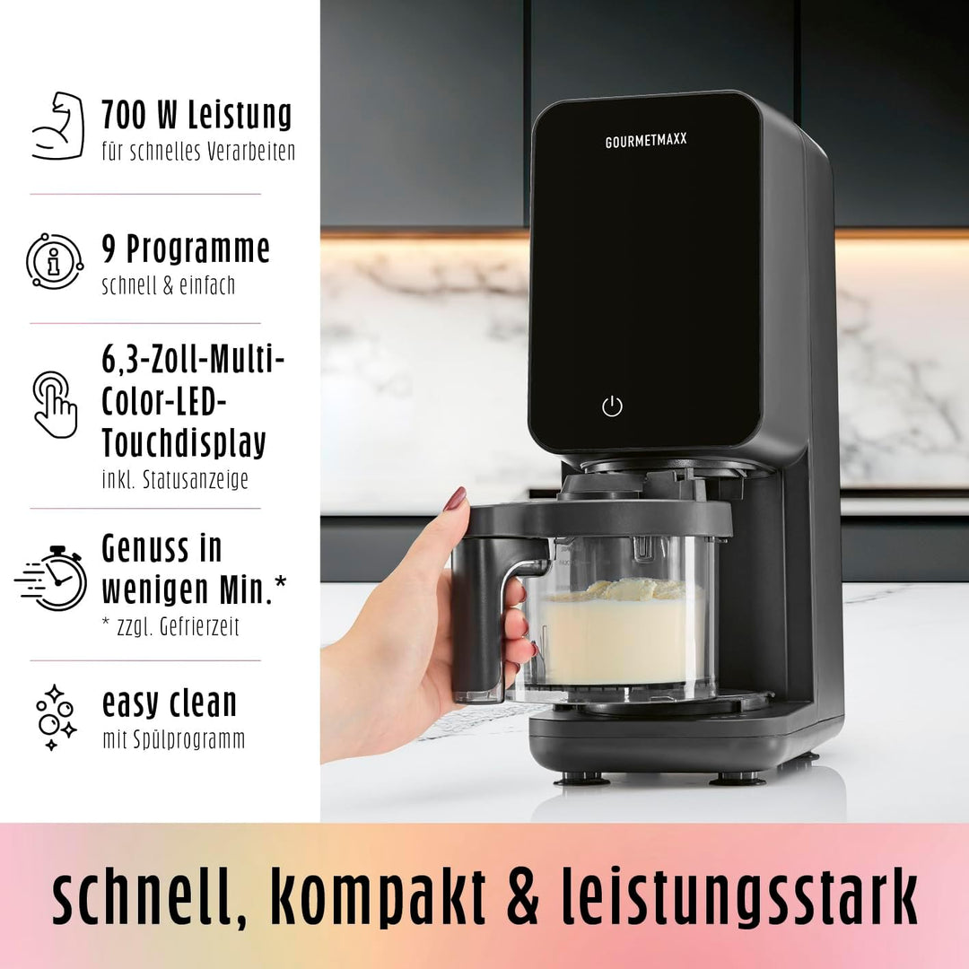 GOURMETmaxx SmoothUp Touch Eismaschine 700 Watt | Eismaschine 9 Programme + Mix-in-Funktion | Eiscre