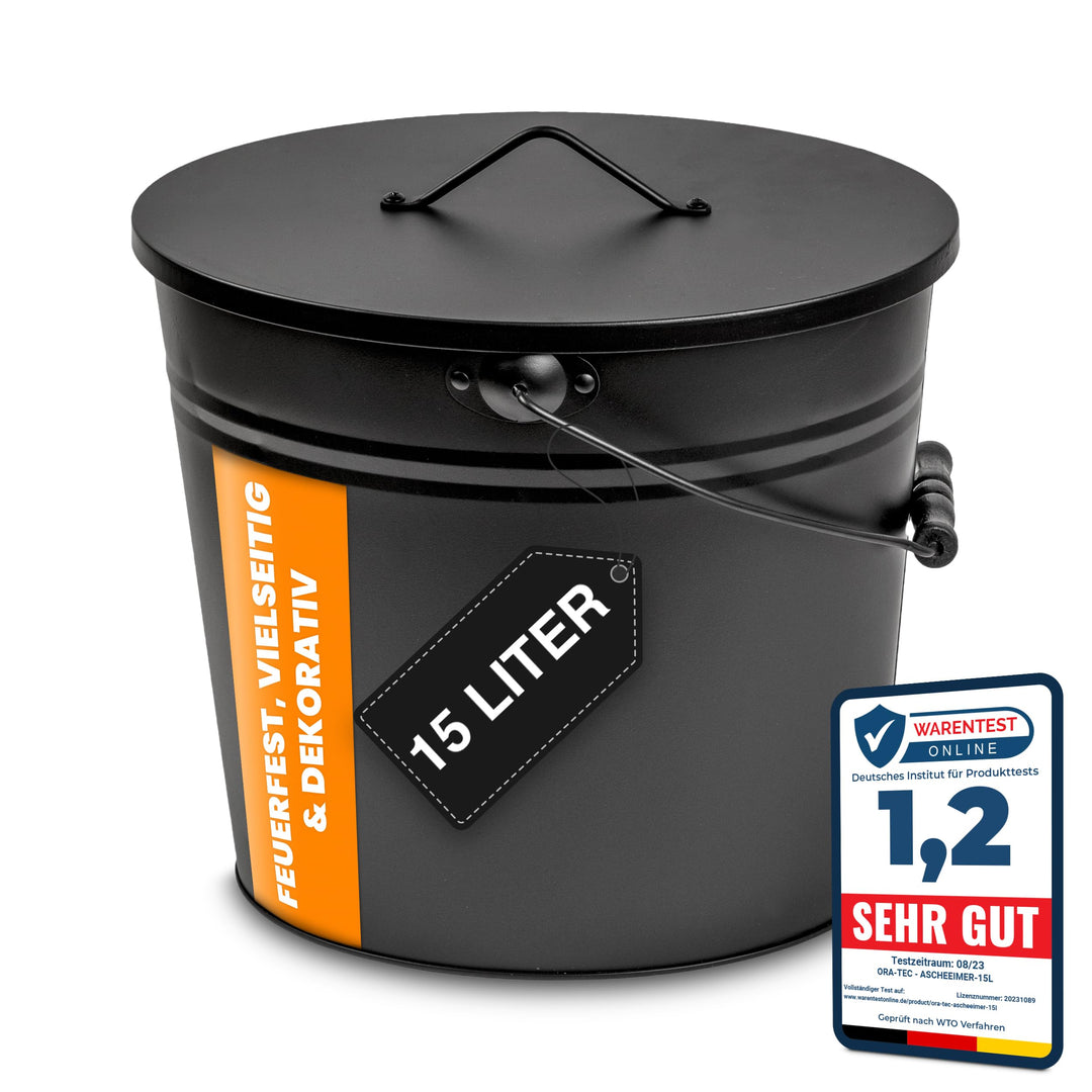 ORA-TEC Ascheeimer mit Deckel - 15 Liter 24 x 33 x 30,5 cm - Kohleeimer Kamineimer in matt Schwarz m
