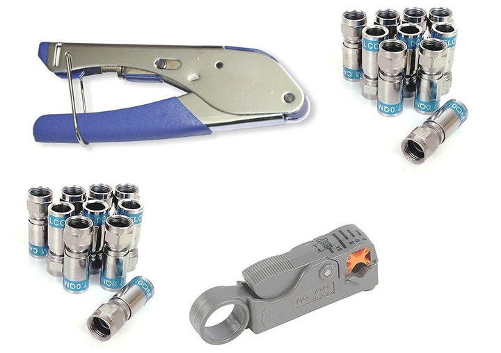 Cabelcon Set Bestehend aus Kompressionszange Pocket Tool + Cable Stripper + 20 Stück Kompressions-F-