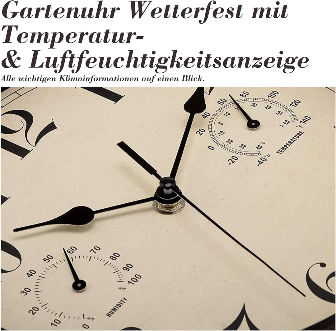 Foxtop Innen Draussen Wetterfeste Wanduhr mit Temperaturanzeige und Hygrometer, Ohne Tickgeräusche L