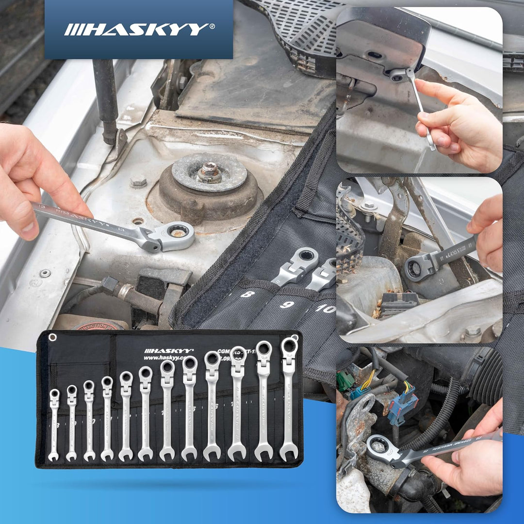 Haskyy 12-Tlg Gelenk-Ratschenschlüssel Satz I Set 8-19 mm I Gabelschlüssel Ratsche